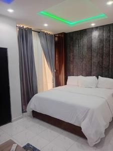 a bedroom with a large bed with a green ceiling at Olori apartments in Adeleye