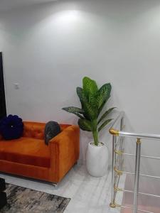 a orange couch in a living room with a plant at Olori apartments in Adeleye