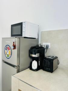 a kitchen with a coffee maker and a microwave at MLQ Apartments by Avi in Grand-Baie