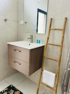a bathroom with a sink and a ladder in it at MLQ Apartments by Avi in Grand-Baie +25 photos