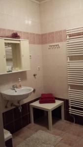 a bathroom with a sink and a shower and a table at Apartments Place4you in Bjelovar