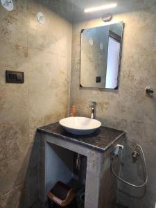 a bathroom with a sink and a mirror at Mangat Farm, Kanatal in Kanatal