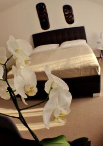 a bed with white flowers in a bedroom at Studia Letců 2A in Olomouc