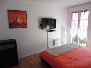 a bedroom with a bed and a flat screen tv on the wall at Briget Apartment in Chessy