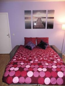 una camera con un letto e un piumone rosso e bianco di Briget Apartment a Chessy