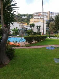 um parque com uma piscina e uma palmeira em Aloha Paraíso em Torremolinos