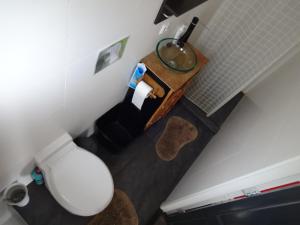 een badkamer met een toilet en een tafel bij Peter&Trienke's Bed&Brochje in Stiens