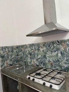 a kitchen with a stove top with a tropical wallpaper at Dimora Filangeri in Santa Flavia +13 photos