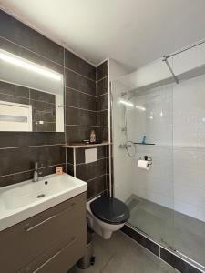 a bathroom with a toilet and a sink and a shower at Appartement 200m plage Dinard in Dinard