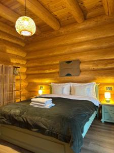 a bedroom with a bed in a wooden cabin at Sparrow's Nest Spacious Mountain Chalet with Hot Tub and Panoramic Views in Râşnov