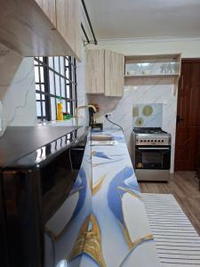 a kitchen with a counter with a painting on the floor at Pearl Apartment Ruaka in Ruaka