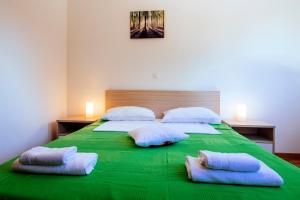 duże zielone łóżko z 2 poduszkami w obiekcie Rainbow apartments w mieście Zadar