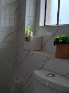 a bathroom with a toilet with a window and a plant at Pearl Apartment Ruaka in Ruaka