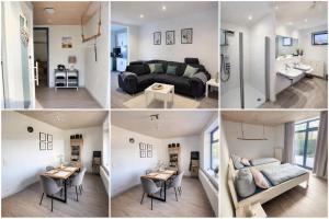 a collage of photos of a living room and dining room at Charmante FeWo in Dorflage in Ebersdorf +8 photos