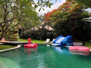 a pool with two inflatable swans in the water at Villa dengan pemandangan kolam renang in Canggu
