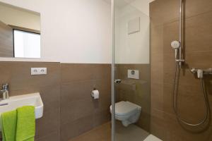 a bathroom with a shower and a toilet and a sink at Green Guest House in Wörth an der Isar +20 photos