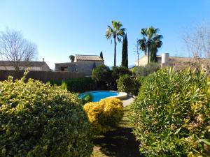 a garden with a swimming pool and palm trees at The Windmill, Garden House in Llubí