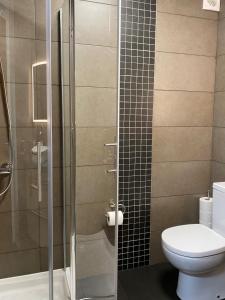 a bathroom with a toilet and a glass shower at Appartement Mimosa Croisette in Cannes +22 photos
