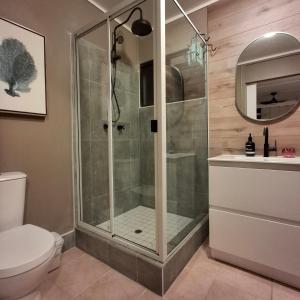 a shower with a glass door in a bathroom at Project Tranquility, Magnetic Island in Nelly Bay