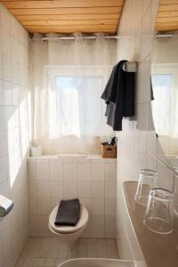 a bathroom with a sink and a toilet and a window at Pension Bergseeblick in Titisee-Neustadt