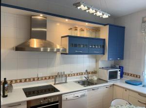 a kitchen with blue cabinets and a sink and a stove at Enjoy Toledo, junto a Puy du Fou in Argés