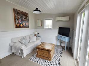 a living room with a couch and a tv at Cascade Cottage Circa 1840 in West Hobart