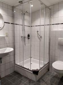 a bathroom with a shower and a toilet and a sink at Motel Paradiso in Bad-Nieuweschans