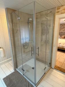 a glass shower in a room with a bedroom at Haus Bergverliebt in Sebnitz