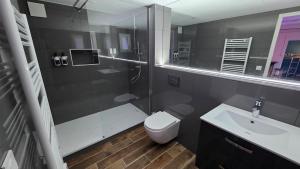 a bathroom with a shower and a toilet and a sink at Le Good Vibes in Dieppe