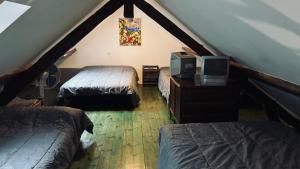 a attic room with two beds and a tv at Jolie Gîte dans les Pyrénées in Boutx