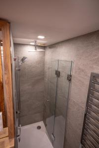 a shower with a glass door in a bathroom at Apart Alpin in Heiligenblut