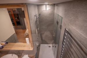 a bathroom with a shower and a toilet in it at Apart Alpin in Heiligenblut