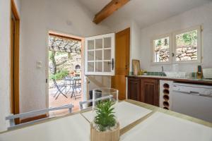 a kitchen with a table with a plant on it at La licorne in Serriera
