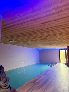 an empty room with a wooden ceiling and a pool at What Else Hotel in Saint-Vulbas +1 photo