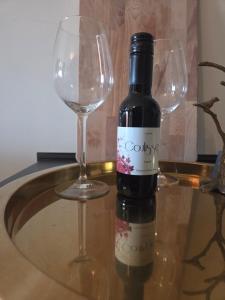 a bottle of wine and two wine glasses on a table at De Citadel - De Boomgaard in Markelo +5 photos