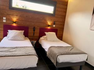two twin beds in a room with a window at Bio-Motel in Saint-Vulbas