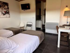a hotel room with two beds and a desk at Bio-Motel in Saint-Vulbas