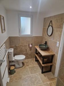 a bathroom with a toilet and a sink and a mirror at Gîte pour 2 personnes in Le Bugue