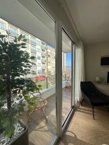 a living room with a large window and a plant at Piso en el corazón de Baiona con vistas al mar in Baiona