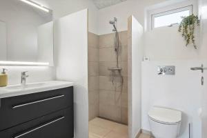 a bathroom with a shower and a toilet and a sink at OH513-Hadsund-Haslevgarde-Eng-14 in Hadsund +19 photos