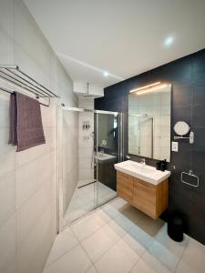 a bathroom with a shower and a sink and a glass shower stall at Apartment 81 in Mosta