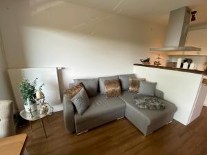 a living room with a couch and a table at Chalet-Apartment Waldfrieden, in ruhiger Lage mit TG in Hahnenklee-Bockswiese +6 photos