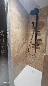a shower with a black lamp in a bathroom at Maison pour 6 personnes in Le Bugue