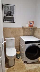 a bathroom with a toilet and a washing machine at Maison pour 6 personnes in Le Bugue