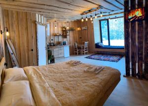 a bedroom with a large bed and a kitchen at Будиночок між річками Гирло in Iltsi