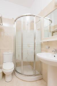 a bathroom with a shower and a toilet and a sink at Archipelagos Apartments in Arkasa