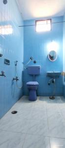 a blue bathroom with a toilet and a sink at Sarovara Deluxe Rooms in Chennai +32 photos