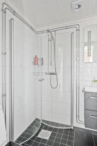 a bathroom with a shower and a sink at Fantastisk havsutsikt i Ulebergshamn in Hunnebostrand