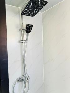 a shower in a white bathroom with a shower head at Beautiful Pradise 1 in Penfield