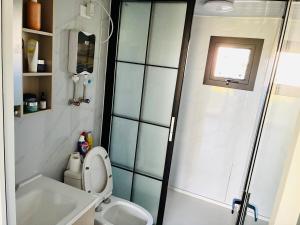 a bathroom with a shower and a toilet and a sink at Beautiful Pradise 1 in Penfield +1 photo
